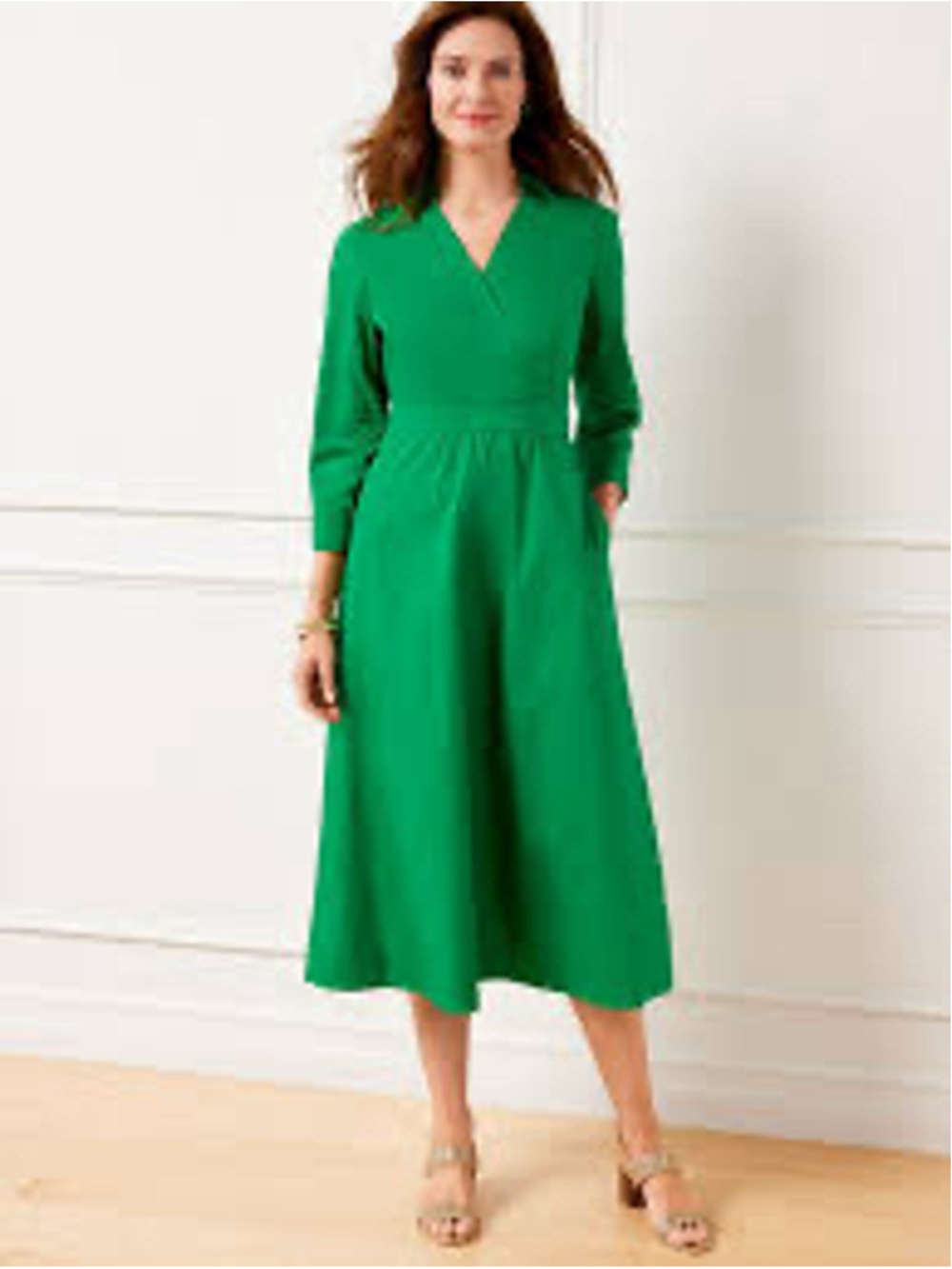 Talbots Poplin Faux Wrap Shirt Midi Dress Size 4 Green